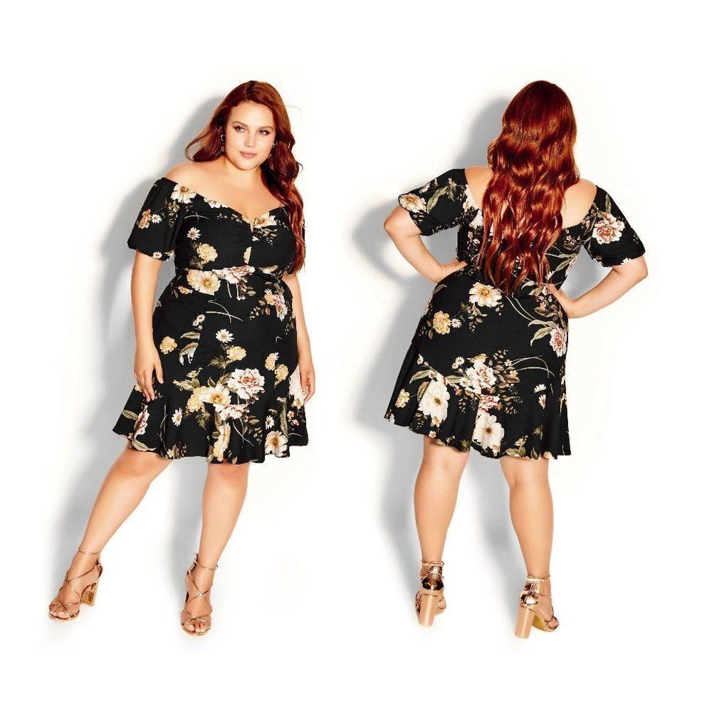 City Chic Women's Plus Size V neckline‎ Puff Sleeve Black Floral Dress